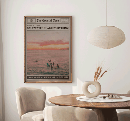 GRAINY Salt Water Heals Everything Newspaper Print Surf Girl Poster